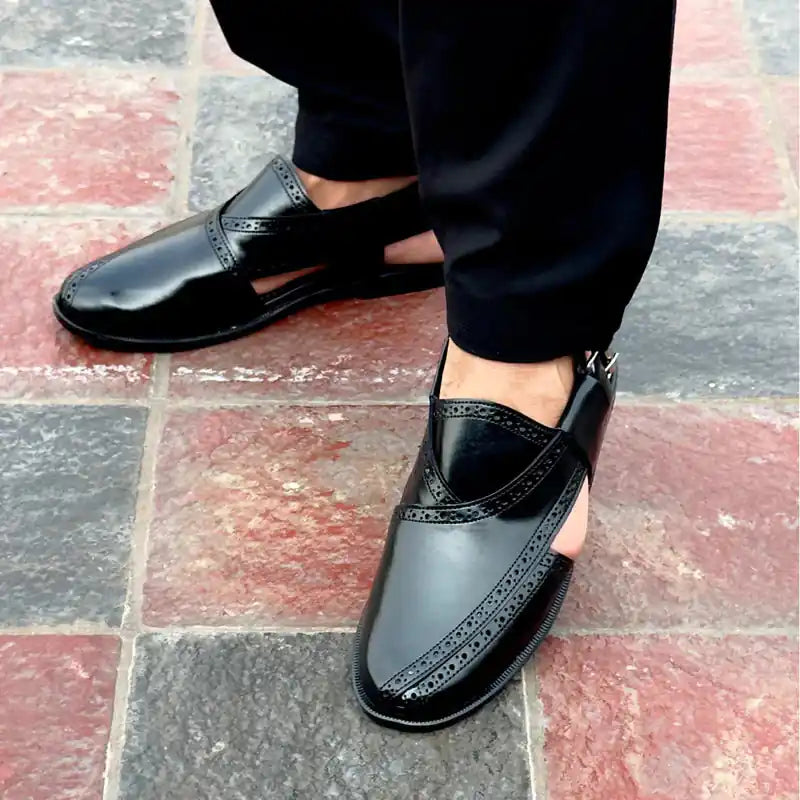Black Peshawari Chappal – Men's Traditional Leather Sandal