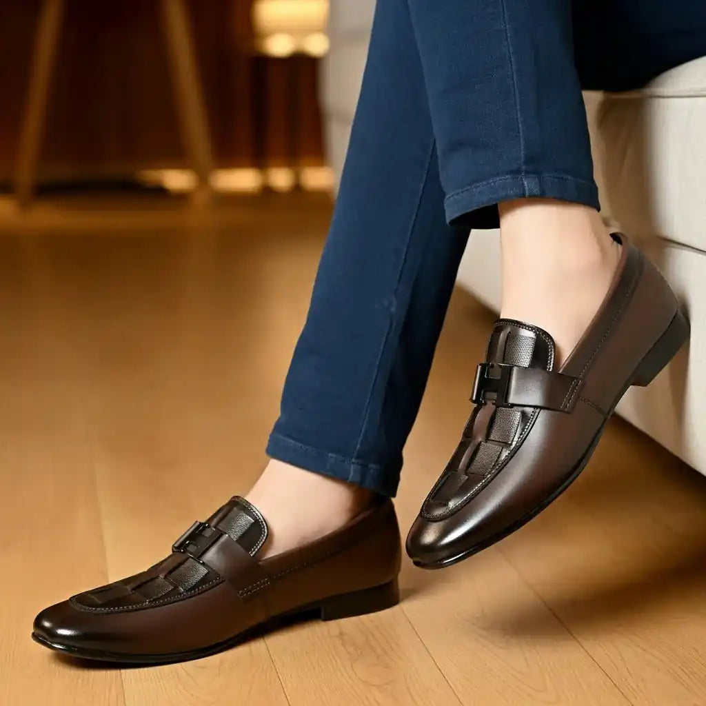 H-Buckle Woven Leather Loafer – Men's Formal Slip-On (Brown)