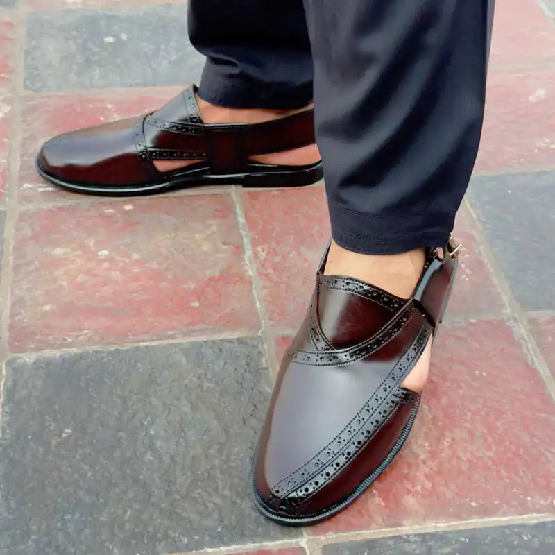 Chocolate Brown Peshawari Chappal – Men's Brogue Leather Sandal