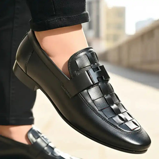 H-Buckle Woven Leather Loafer – Men's Formal Slip-On