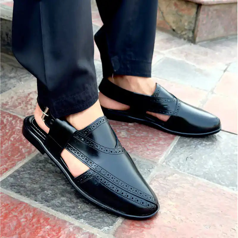 Black Peshawari Chappal – Men's Traditional Leather Sandal