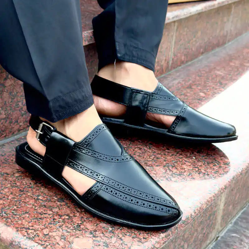 Black Peshawari Chappal – Men's Traditional Leather Sandal