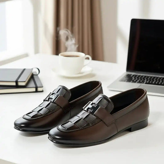 H-Buckle Woven Leather Loafer – Men's Formal Slip-On (Brown)