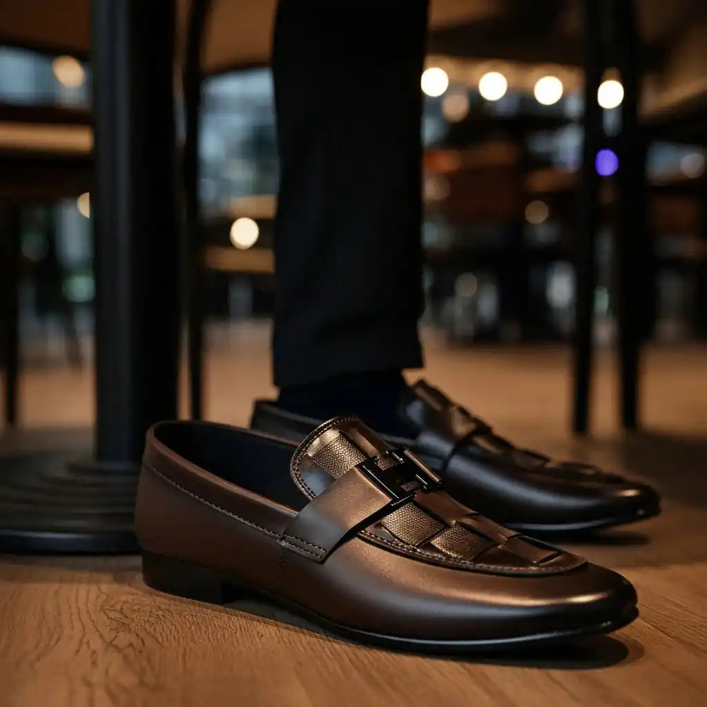 H-Buckle Woven Leather Loafer – Men's Formal Slip-On (Brown)