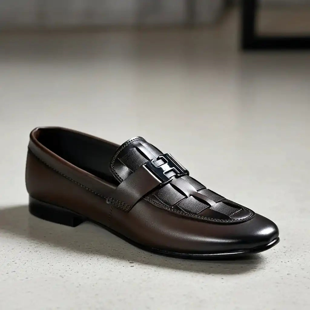H-Buckle Woven Leather Loafer – Men's Formal Slip-On (Brown)
