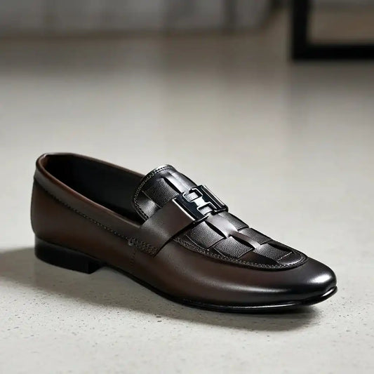 H-Buckle Woven Leather Loafer – Men's Formal Slip-On (Brown)