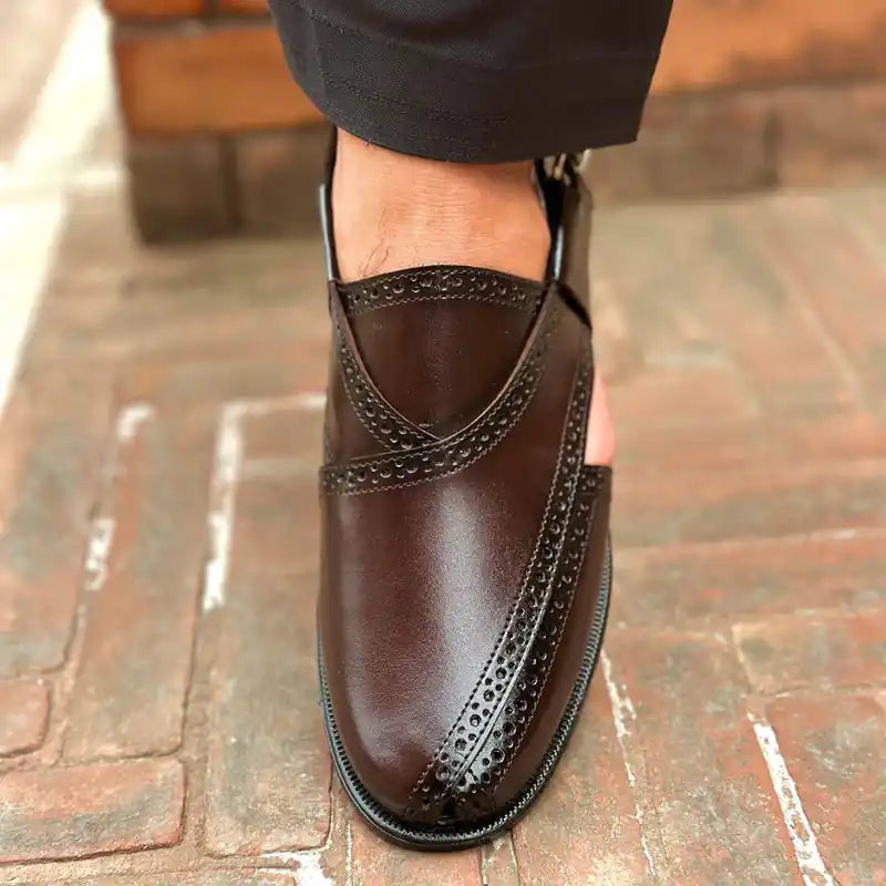 Chocolate Brown Peshawari Chappal – Men's Brogue Leather Sandal