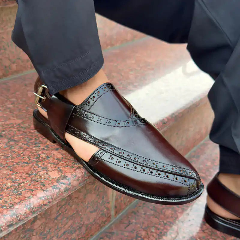 Chocolate Brown Peshawari Chappal – Men's Brogue Leather Sandal