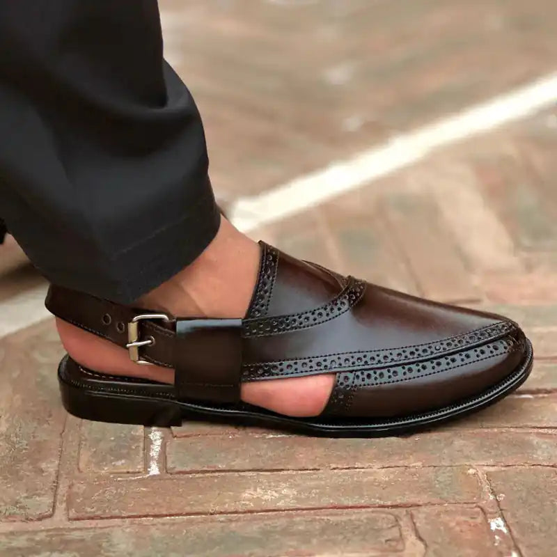 Chocolate Brown Peshawari Chappal – Men's Brogue Leather Sandal