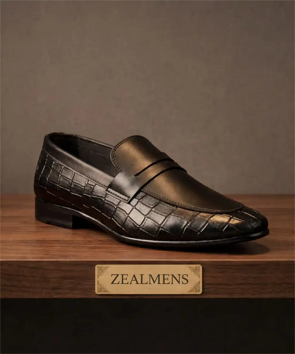 ZealMens Black Premium Crocodile Style Handmade Leather Loafer |