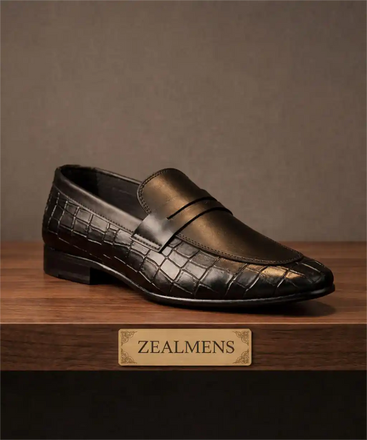 ZealMens Black Premium Crocodile Style Handmade Leather Loafer |