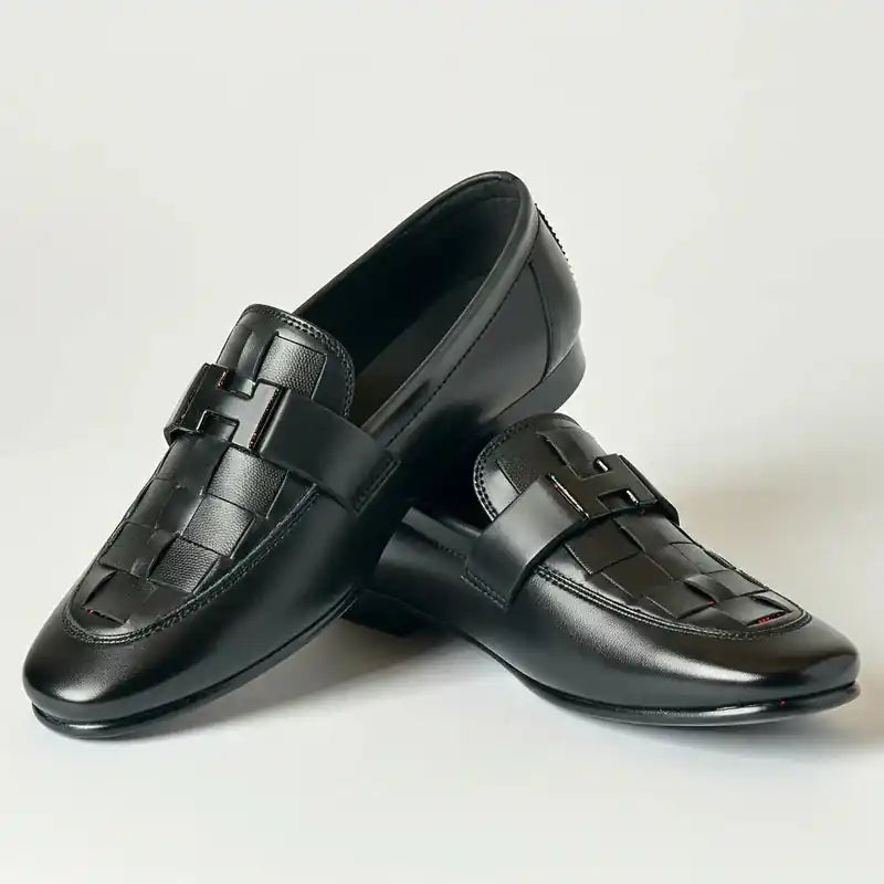 H-Buckle Woven Leather Loafer – Men's Formal Slip-On