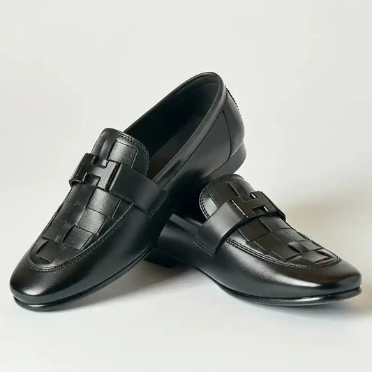 H-Buckle Woven Leather Loafer – Men's Formal Slip-On